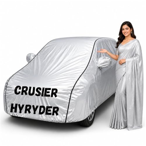 Image of Waterproof Car Body Cover for Crusier Hyryder All Weather Protection Comes with Inner Cotton Lining & Triple Stitched with Mirror & Antenna Pocket Belt & Elastic Fit Metallic with Black Piping