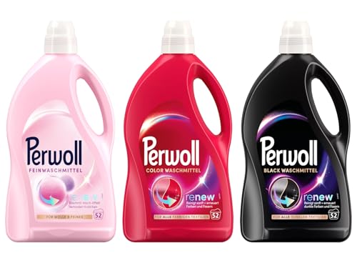 PERWOLL Flüssig-Set 3x 52 Waschladungen (156WL) 1x Black & 1x Color & 1x Für Wolle & Feines, Feinwaschmittel-Set reinigt sanft, Waschmittel mit Dreifach-Renew-Technologie