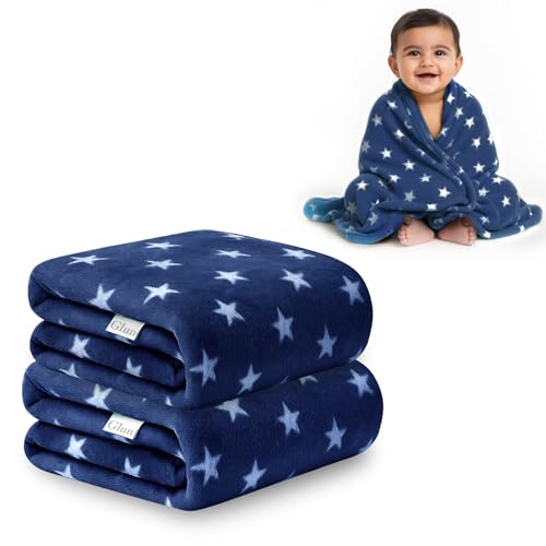 Image of GLUN Fleece Baby Blanket for Newborn, Pack of 2 Navy Blue Colours, All-Season Blanket Ultrasoft Baby Blanket for Babies