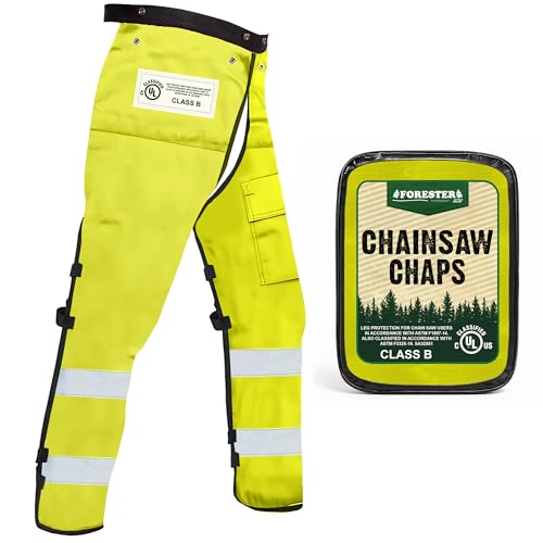 FORESTER Chainsaw Chaps for Men & Women | Apron Style Men's Chain Saw Chaps with Pocket & Adjustable Waist | Chainsaw Safety Equipment | Safety Green 37