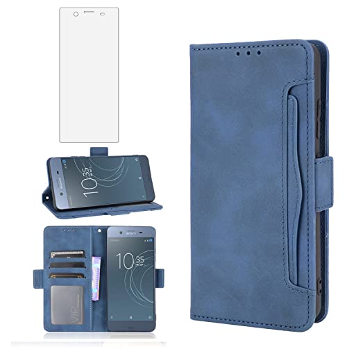 Asuwish Compatible with Sony Xperia XZ1 Wallet Case and Tempered Glass Screen Protector Card Holder Credit ID Slot Stand Cell Accessories Phone Cover for Experia ZX1 G8341 G8342 Women Men Blue