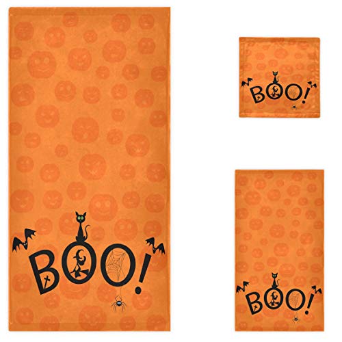 Naanle G49665064P400C435S817 Halloween Boo Pattern With Black Cat Witch Pumpkin Soft Set Of 3 Towels, 1 Bath Towel+1 Hand Towel+1 Washcloth cover