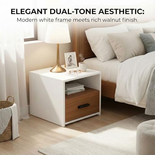 Image of FFO Side Tables for Bedroom with Drawers | Bed Side Table for Bedroom with Drawer, Wooden Bedside Drawer with Open Shelf, Modern Side Table for Bed Room, White Walnut Finish, DIY