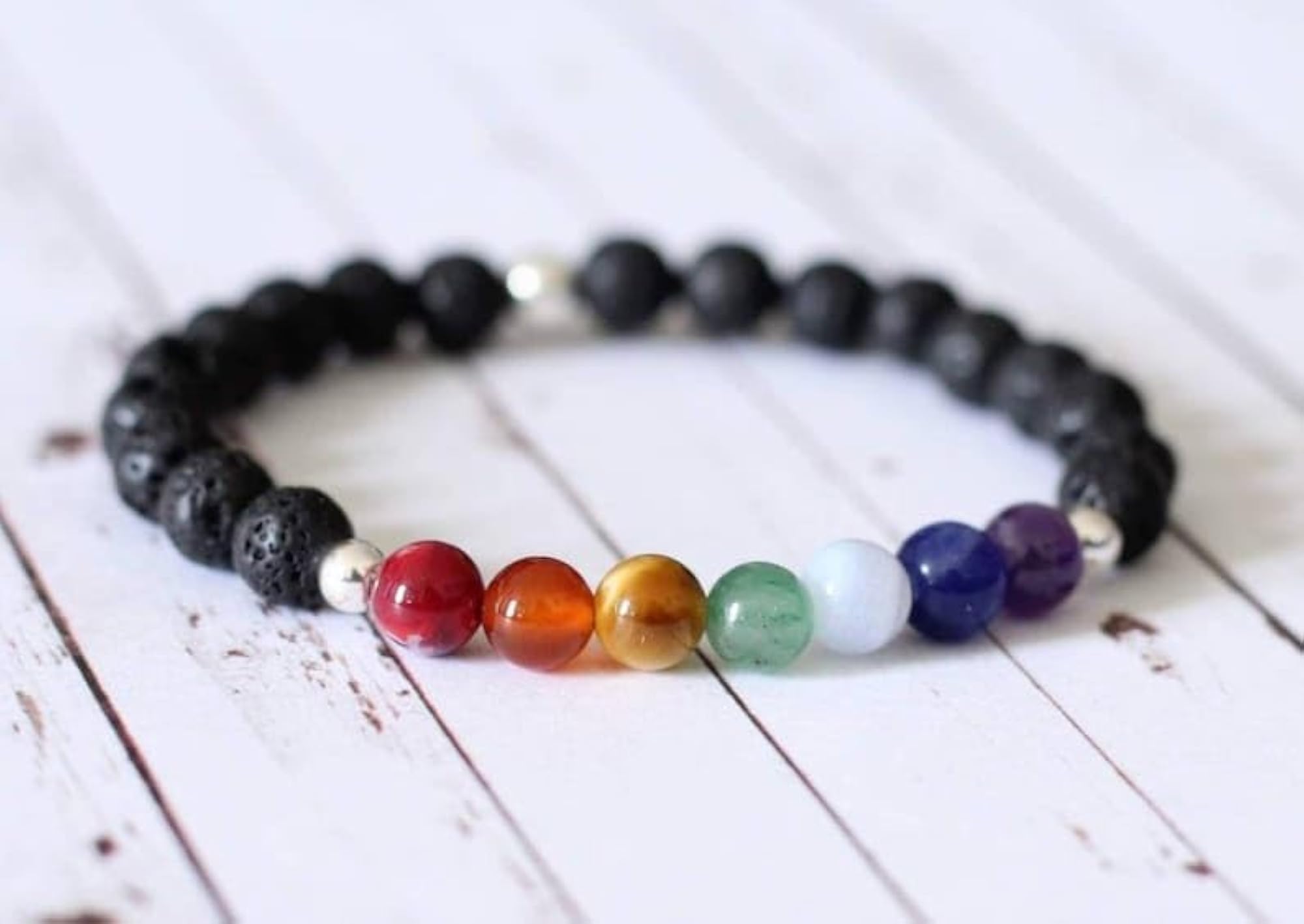 Natural 7 Chakra & Black Lava Gemstone Stretch Bracelet, Unisex Healing