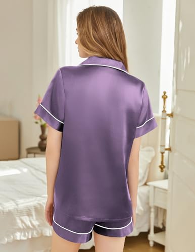 Image of Silk Pajamas for Women Short Sleeve Sleepwear Soft Button Down Loungewear 2 Piece Satin Pjs Shorts Set S-XXL