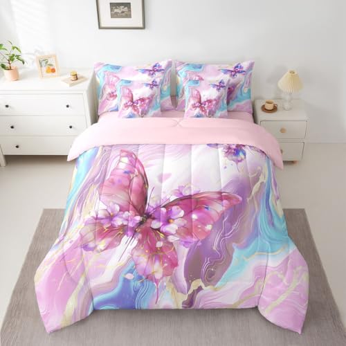 Image of Floral Marble Butterfly 7 Pieces Bedding Set Twin,Pink Blue Tie Dye Bed in a Bag,Elegant Marble Texture Bed Set Includes Comforter,Sheet Set,Pillowcases & Pillow Covers,Modern Aesthetic Bedroom Decor