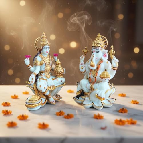 Image of YASHONIDHI Lakshmi MATA and Lord Ganesh Idol Set, White and Golden, Marble Dust, 7 Inches, Perfect for Pooja Room, Diwali Puja, Gift for All Occasions.