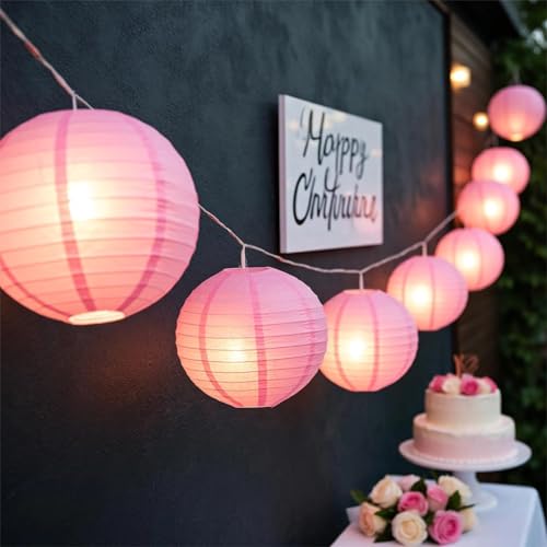 Image of Pink Chinese Paper Lanterns with LED Lights, 10-Pack 10inch | Hanging Lights for Wedding & Bridal Shower, Birthday Party Decorations, Ceiling Decor, Home Party, Baby Shower
