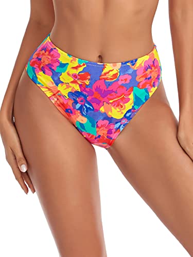 Relleciga Women's Colorful Floral High Cut High Waisted Bikini Bottom Size Medium #TOP2