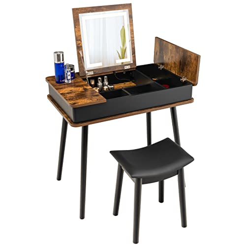 Charmaid Vanity Desk With 3-Color Lighted Flip Top Mirror, 6 Storage Compartments, Side Organizers, Usb Port, Makeup Dressing Table Set Writing Desk With Cushioned Stool, Easy Assembly, Rustic Brown #TOP7