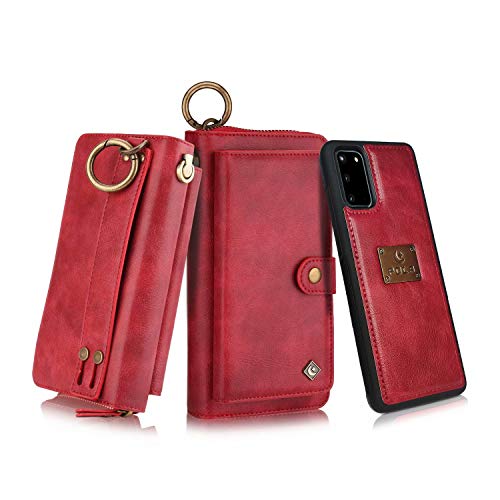 Topwin Galaxy S20 Zipper Wallet Case, Multifunction PU Leather with Detachable Wallet Folio Build in Metal Plate and Wrist Lanyard Purse & Card Slots for Samsung Galaxy S20 6.2''2020 (Red)