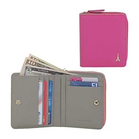 JNJSTELLA Women's Genuine Leather Zip-around Half Card Case Coin Wallet Hot Pink Cover
