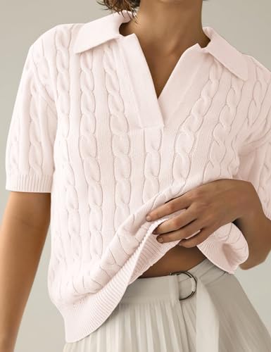 Image of BeautyNee Women's Short Sleeve Sweaters Tops Solid Lapel V Neck Cable Knit Polo Sweater Casual Soft Collared Pullover