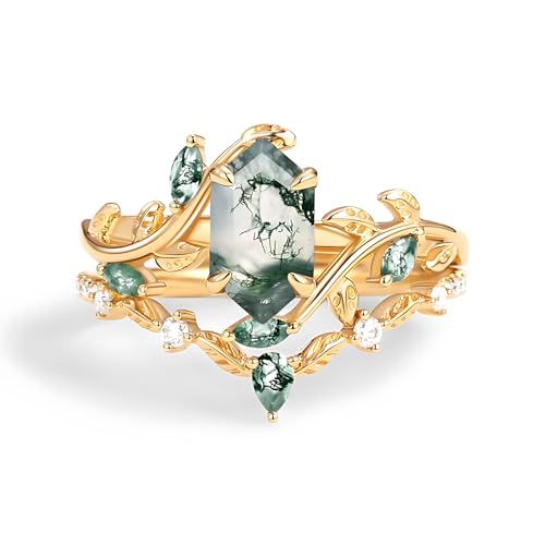 1-3 Carat Natural Moss Agate Engagement Rings Sets, S925 10K 14K 18K Gold Genuine Green Moss Agate Wedding Ring Set Vintage Bridal Bands Sets