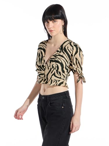 Image of Bewakoof Women's All Over Printed Regular Fit Half Sleeve V-Neck Viscose Short Top