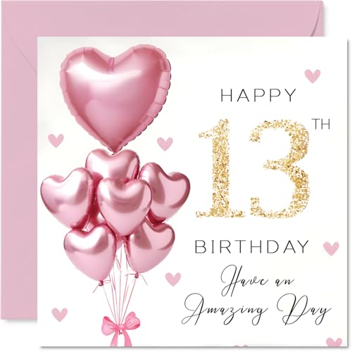 13th Birthday Cards for Girls Pink Glitter Balloons