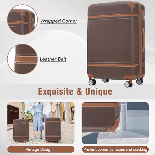 Merax Luggage Set 2 Piece Suitcase Set with Cosmetic Case Expandable Spinner Wheels Vintage Luggage Sets(Brown,20"+24")4