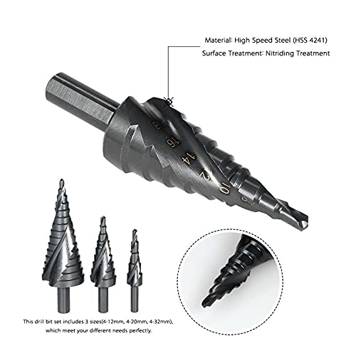Foret Bits 3PCS 4-32MM Step Foret Cobalt Set en Spirale en Acier à Haute Vitesse d'azote pour Le Coiffeur de Tige de Tige de Triangle en métal Outils, Accessoires