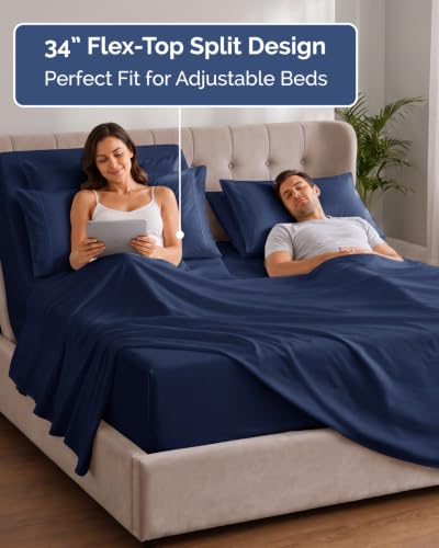 Image of Extra Deep Flex Top Split Head King Sheet Set - 6 Piece Breathable and Cooling Sheets - Hotel Luxury Bedding for Women, Men, Kids & Teens - Easy Secure Fit - Extra Deep Pockets - Navy Blue