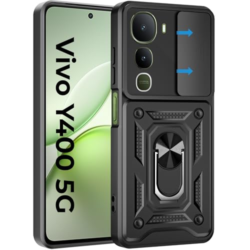 Image of A rtistque Armor Bumper Back Case Cover for Vivo Y400 5G | Stylish Ring Holder & Inbuilt Stand | Sliding Camera Cover | Shockproof Design | Stylish Design | Vivo Y400 Back Cover Back Cover - Black