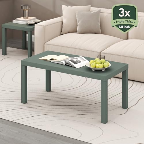 Image of Furinno Classic Coffee Table, Modern Rectangle Printer Stand, Sage Green | 1.8 inch Triple Thick Tabletop, Toolless Assembly, Side Table, for Living Room, Home Office