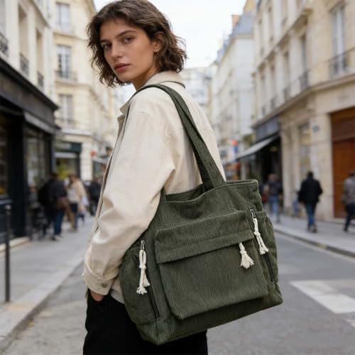 Bolsa Tote de pana verde para mujer con gran capacidad miniatura 1