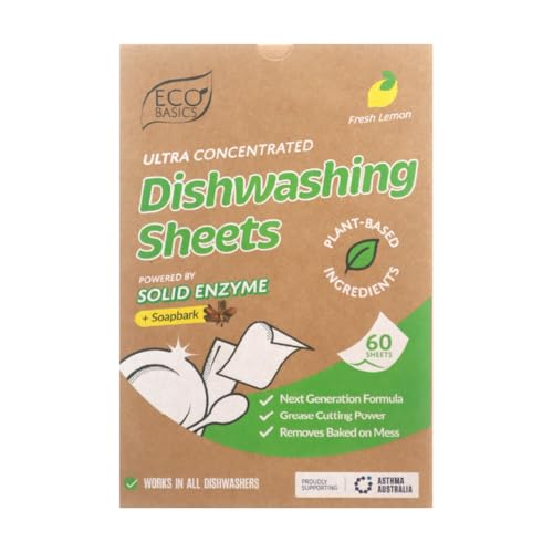 Eco Basics Ultra Concentrated Dishwashing Sheets - Fresh Lemon (60 sheets), Plant-Based Enzyme Formula – Plastic-Free, Biodegradable, Tough on Grease, Removes baked-on mess