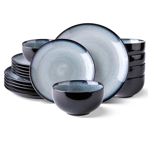 Image of LeRatio Ceramic Dinnerware Sets for 6,Stoneware Plates and Bowls Sets,Handmade Reactive Glaze Dishes Set,Chip Resistant and Scratch Resistant | Oven&Dishwasher & Microwave Safe-Gray White(18PCS)