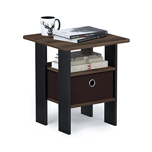 Image of Furinno ANDREY Square Side Table, End Table, Night Stand, Columbia Walnut | Open Shelves and Storage Bin, Bedside Table, for Living Room, Bedroom
