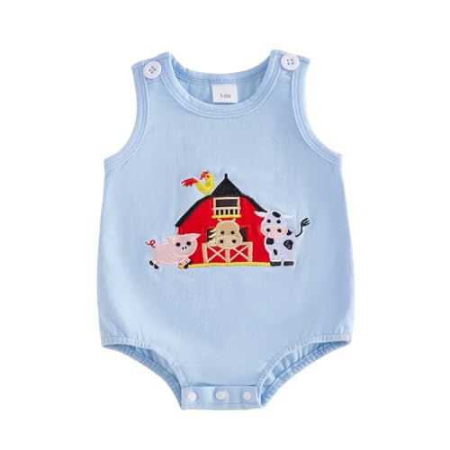 Image of SHUING Baby Boy Farm Outfit Animal Embroidery Crewneck Sleeveless Tank Bubble Romper Infant Bodysuit Newborn Summer Clothes
