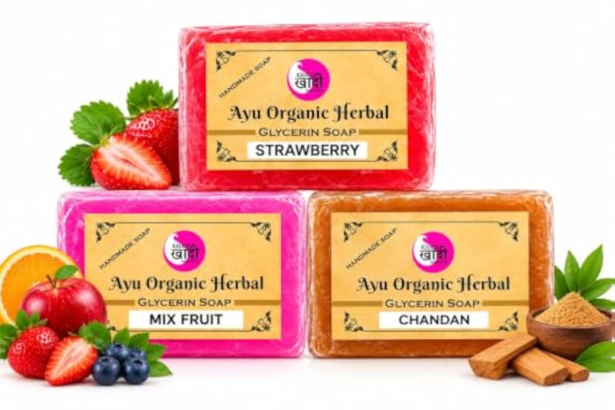 Ayu Organic Herbal Glycerin Soap, Strawberry & Chandan, Pack of 3