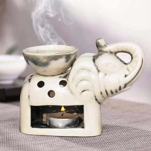 Image of Pure Source India Ceramic Elephant Shape Aroma Oil Burner - Decorative Tealight Diffuser for Home Fragrance, Essential Oils & Aromatherapy (White)