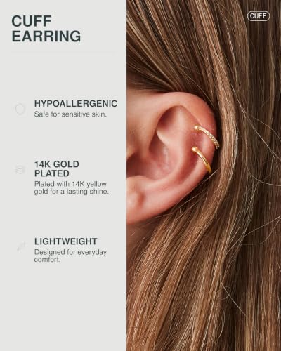 Image of PAVOI 14K Gold Plated 925 Sterling Silver Round Huggie Ear Cuff Earrings for Women | Clip On Cartilage Cuff Earrings