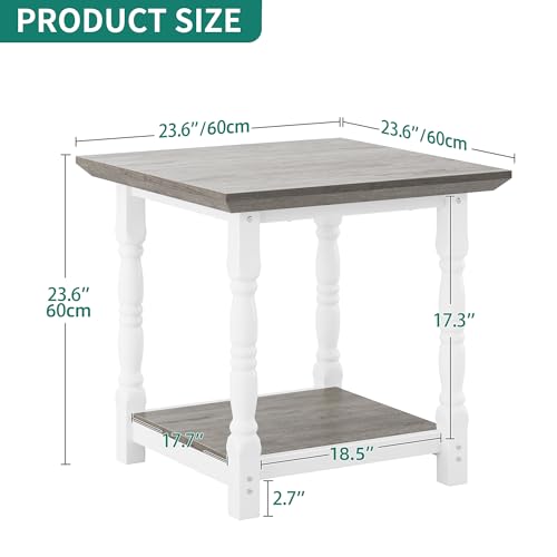 DWVO Farmhouse Square Coffee Table Set of 2, Antique Accent Side Table with Floor Shelf, 23.6"x 23.6" Living Room Furniture, Vintage Ivory & White