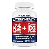 Weider Artery Health for Heart, Immune and Bone Support with Vitamin K2 (180mcg) & Vitamin D3 (5000iu), 30 Veggie Capsules
