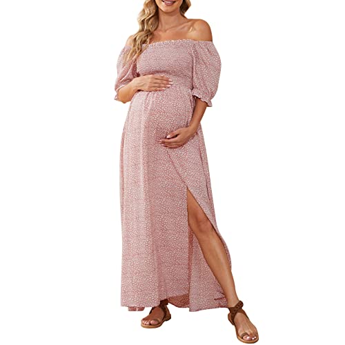 Floral Print Square Neck Puff Sleeve Maternity Dress For Baby Shower Photoshoot Summer, Boho Smocked Split Maternity Dress #TOP26