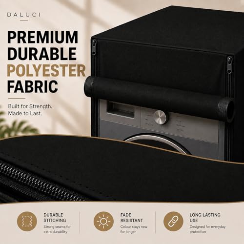 Image of DALUCI Washing Machine Cover Front Load for 6 Kg, 6.5 Kg, 7 Kg & 7.5 Kg Fully Automatic Machines | Waterproof Dustproof Polyester Protective Cover with Zipper (Black, 59X59X86 CM)