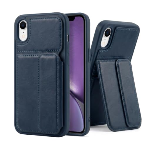 Image of amazon basics Luxury Vegan Leather Back Cover for iPhone XR | Built-in Card Holder Slot | Integrated Mobile Stand | Slim Shockproof Protective Case with Stitched Finish - Blue