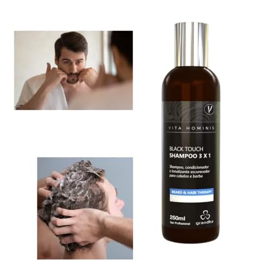 Black Touch Shampoo 3x1 250ml Shampoo, condicionador e tonalizante escurecedor para cabelos e barba. A linha Vita Hominis é a linha masculina da Grandha para barba e cabelo. A verdadeira essência do homem, traduzida numa experiência elegante e sofisticada.