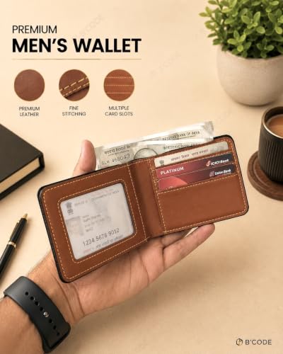Image of B'Code Customised Original Leather Wallet for Men with Name, Personalized Purse Unique Stylish Gift for Brother, Husband, Boyfriend, Birthday, Rakshabandhan, New Year, Valentine's Day (TAN)