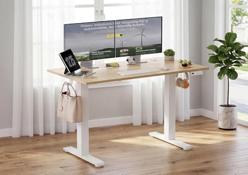 Image of YDN Electric Standing Desk Adjustable Height, 48 x 24 Inches Sit Stand up Desk with Memory Presets & Cable Management, Home Office Desk for Office & Computer Workstation, White Frame /Nature Top