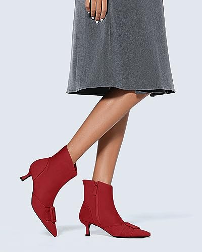 Coutgo Women's Kitten Heel Ankle Boots Pointed Toe Side Zipper Square Buckle Winter Booties3