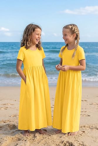 Image of Arshiner Girls Maxi Dress Long /Short Sleeve Casual Holiday Dress with Pockets for 5-13 Years