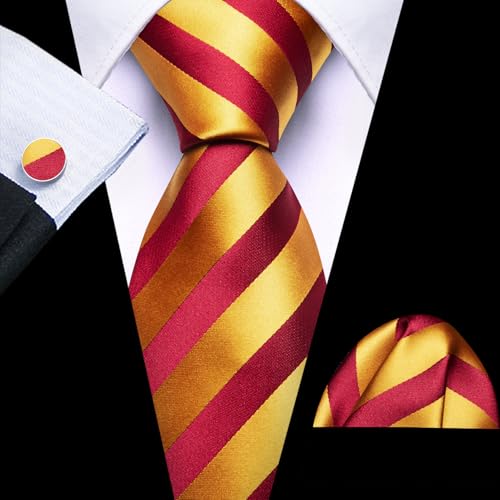Image of Barry.Wang Man Stripe Ties Set Silk Woven Pocket Square Necktie Cufflinks Formal Party Business