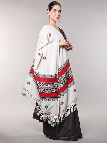 Image of Exotic India Pure Cotton Shawl from Tamil Nadu | Toda Embroidery South Indian Traditional Stole for Women's Casual Wear