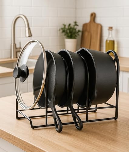 Image of Black Iron 5-Slot Pan, Pot & Tawa Rack - Countertop Cookware Organizer with Pot Lid Holder | Space-Saving Kitchen Stand (12 x 7.5 x 8.5 Inches) sheet