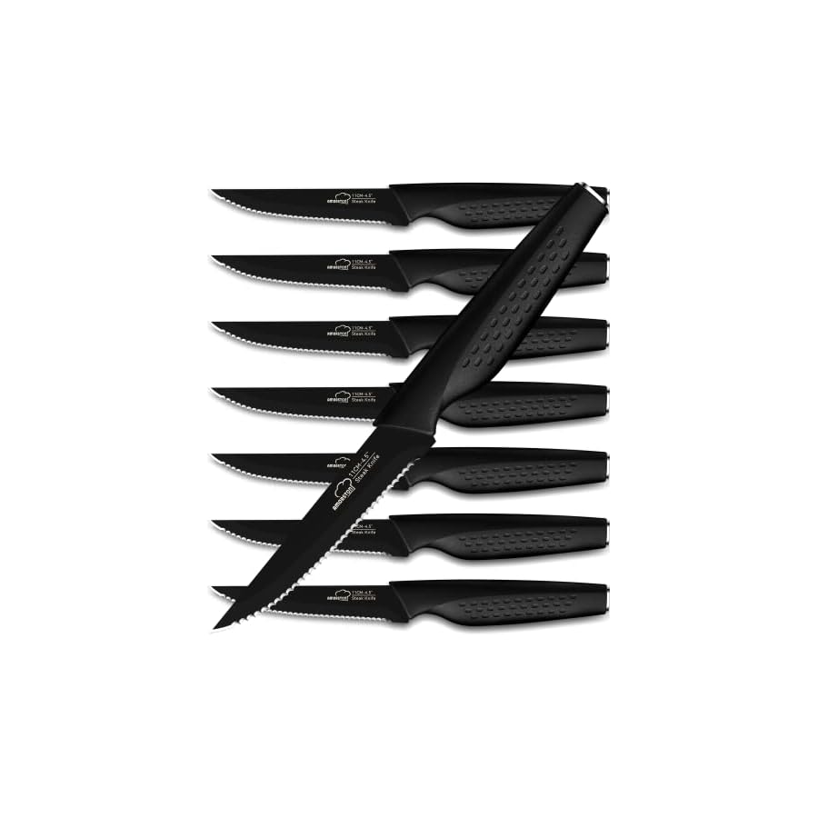 Steak-Knives-Set-of-8-Stainless-Steel-Steak-Knife-Set-Serrated-Steak-Knives-Dishwasher-Safe-Elegant-Black Amorston Steak Knives, Steak Knives Set of 8, Stainless Steel Steak Knife Set, Serrated Steak Knives Dishwasher Safe, Elegant Black