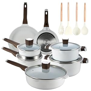 Garlie 16pcs Pots and Pans Set, Nonstick White Granite Set, Cookware Sets Suitable for Gas, Electric, Induction, Kitchen Cooking Set with Frying Pans, Saucepans, Casserole, Dishwasher Safe