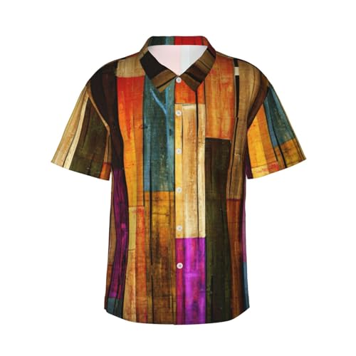 FBGHHTY Camisa hawaiana de manga corta con estampado de madera colorida para hombre, verano, casual, vacaciones, playa, aventuras al aire libre, Negro, M