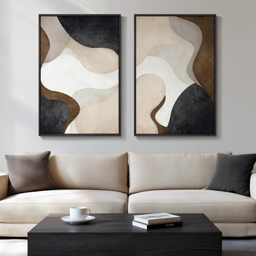 Large Framed Neutral Abstract Minimalist Wall Art Set of 2, Modern Canvas Prints Paintings Artwork for Walls, Black Beige Brown Abstract Art Pictures for Living Room Dining Bedroom Wall Decor 24x36 In